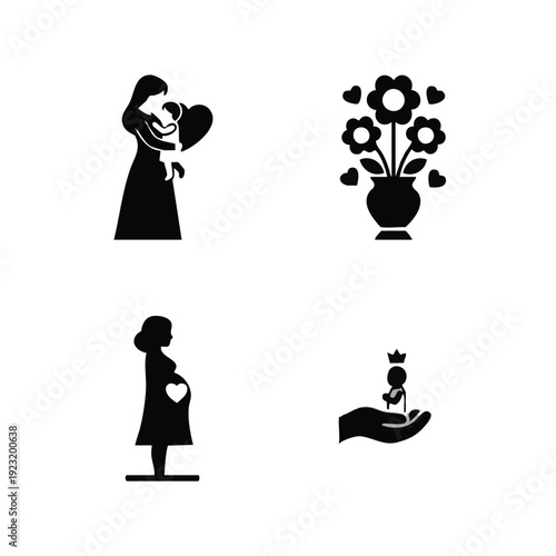 Motherhood and family care icon set, parenting love concept, clean silhouette style