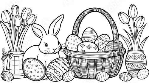 Hand drawn doodle easter elemetns isolated on white. Basket with colored eggs, bunny, carrot, tulips, glazed cake, candle, chick. Vector illustration. Design for coloring book, greeting card, print.
