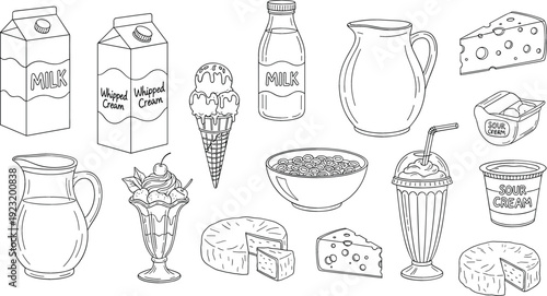 Dairy product vector set featuring milk cartons glass bottles cheese wedges yogurt containers ice cream sundaes and whipped cream in hand-drawn line art