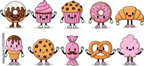 Retro cartoon sweet food mascot characters featuring cute donut cupcake muffin croissant ice cream cookie candy pretzel and cotton candy
