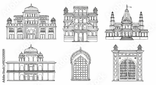 Collection of architectural illustrations showcasing various buildings, monuments, and structures with intricate details