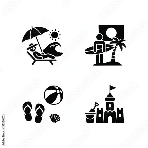 Beach vacation activity icon set, summer travel and leisure concept, clean silhouette style