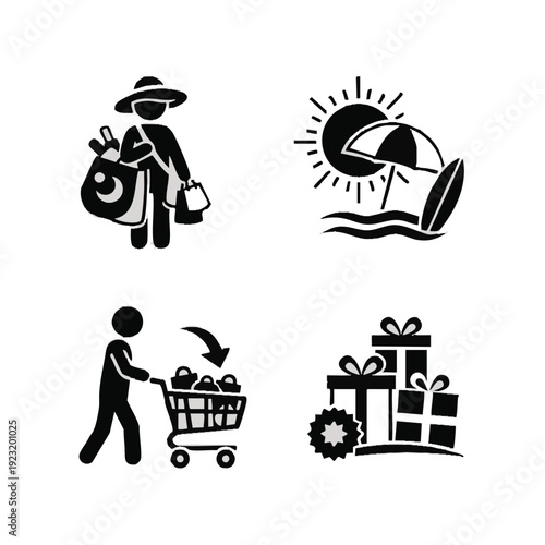 Summer shopping and beach vacation icon set, retail and holiday concept, clean silhouette style
