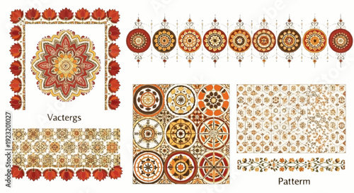 Traditional Indian patterns and designs featuring intricate mandalas and ornaments in a cultural context