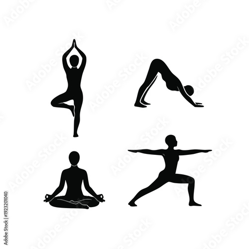 Yoga and meditation pose icon set, wellness fitness concept, bold silhouette style