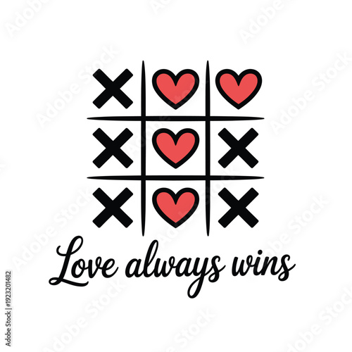 Tic Tac Toe game board with hearts and crosses, showing love always wins.