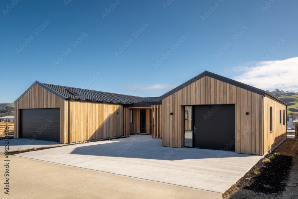 Obraz premium Newly built wooden house with modern design in a rural area, showcasing a spacious entrance and clear skies during the day