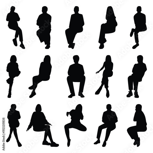 Vector collection set of sitting people silhouettes.