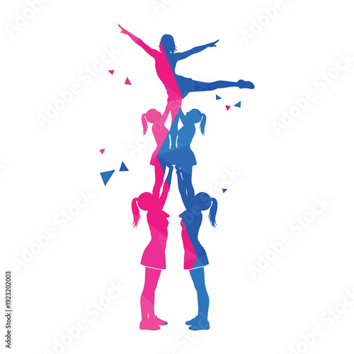 Cheerleading pyramid stunt with colorful silhouettes.
