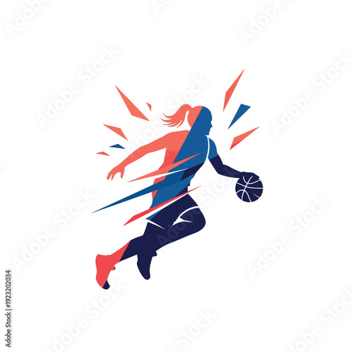 Dynamic female basketball player dribbling with abstract design.