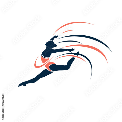 Dynamic silhouette of a female gymnast in midair leap with flowing ribbons.