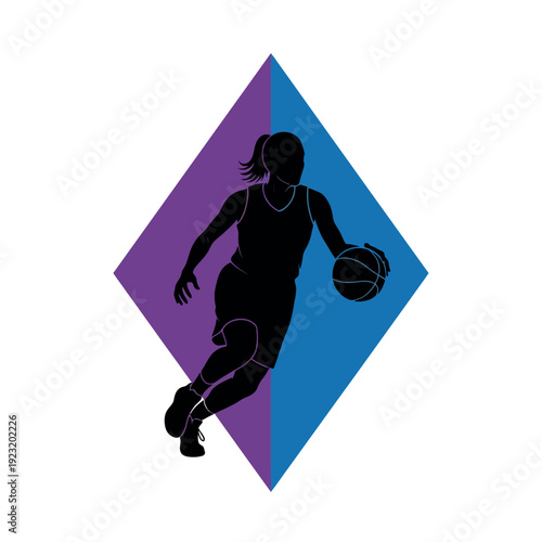Female basketball player dribbling ball in dynamic silhouette.