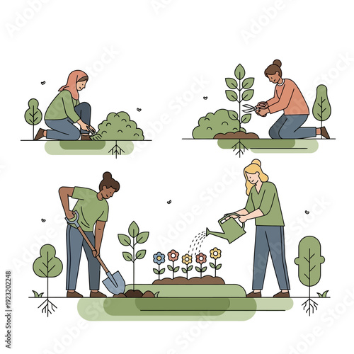 Diverse people gardening, planting, watering, and pruning plants, flat illustration