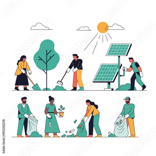 Diverse team cleaning park and installing solar panels for eco-friendly environment
