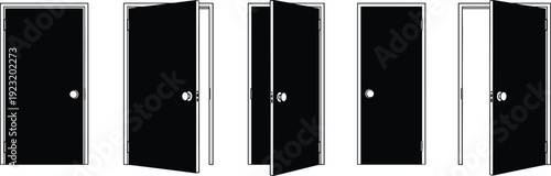 Modern black door vector set featuring various opening stages from closed to fully open for architectural and conceptual design