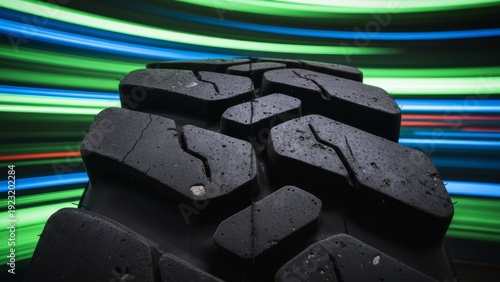 Macro shot of an off-road tire tread with colorful light trails, symbolizing speed, traction, and performance