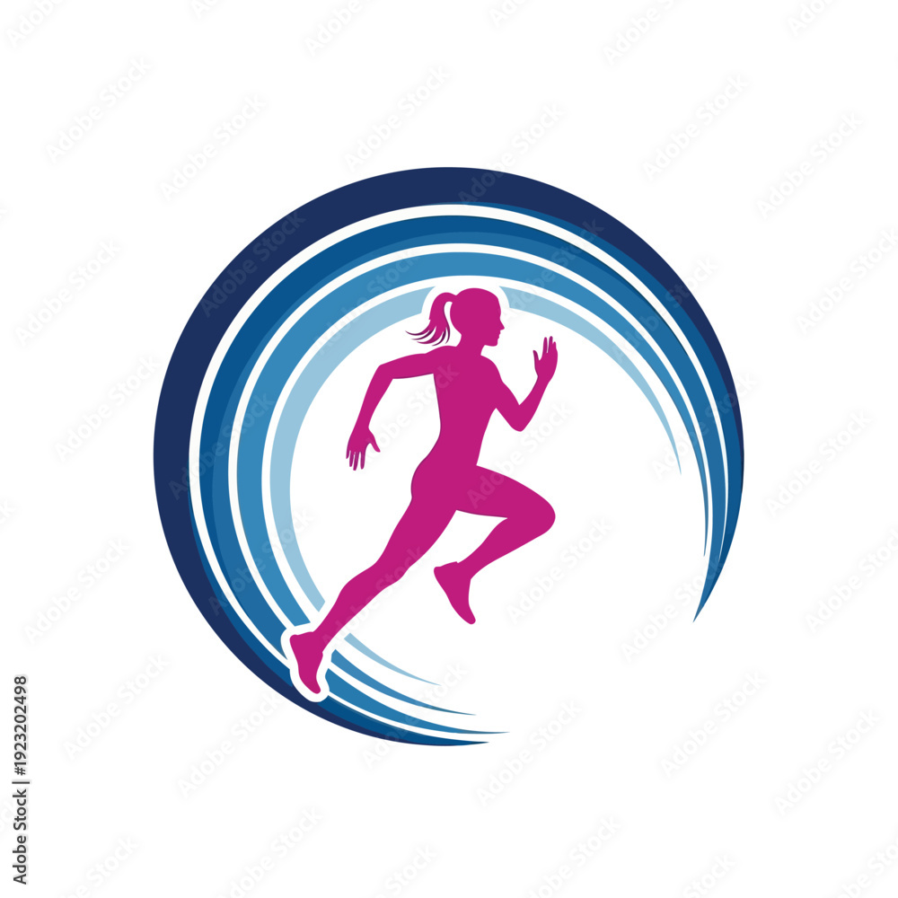 Fototapeta premium Female runner silhouette in motion within a dynamic circular design.