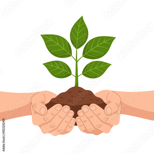 Hands holding fertile soil with a young green plant growing