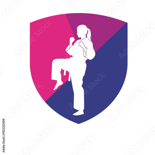 Female martial artist in a dynamic pose within a shield emblem.