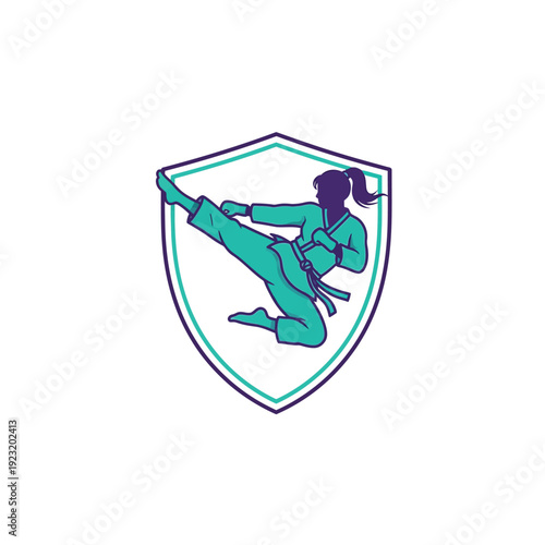 Female Martial Artist Kicking in Shield Logo.