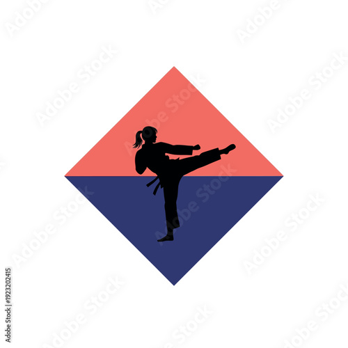 Female Martial Artist Kicking Silhouette in Diamond Shape.