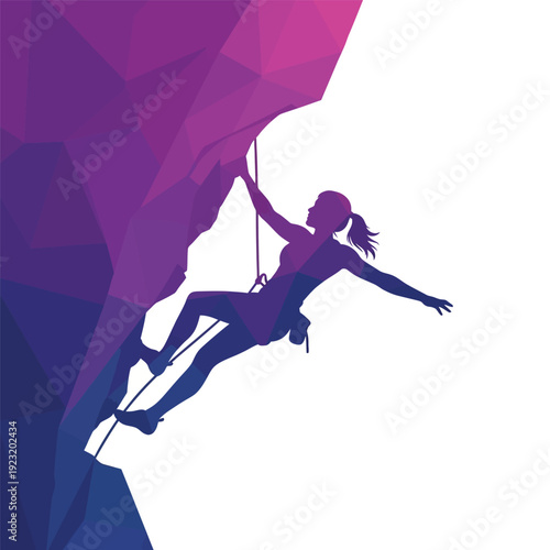 Female rock climber silhouette on a mountain.