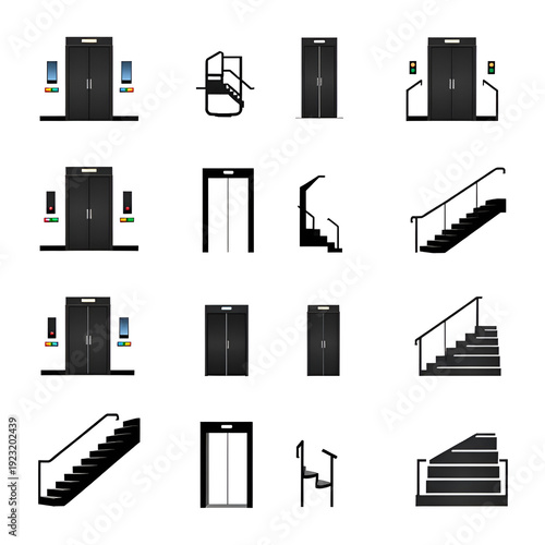 Set of black elevator and staircase icons, escalator symbols, architectural interior elements, building access design, modern vertical transportation vector collection