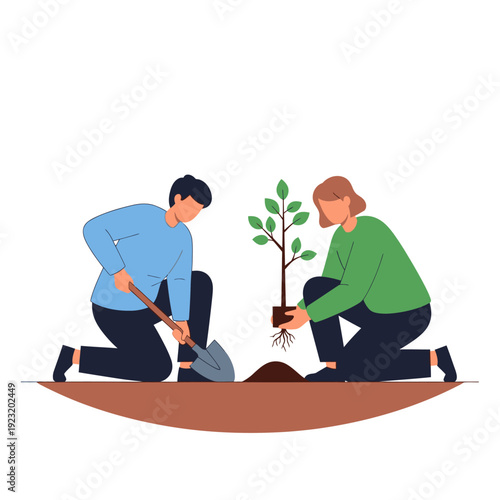 People planting a tree together, environmental conservation, teamwork, gardening flat illustration
