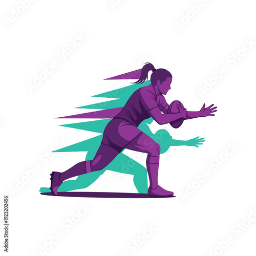 Female Rugby Player Running with Ball Illustration.