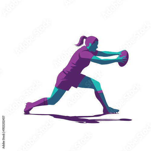 Female rugby player catching ball illustration.