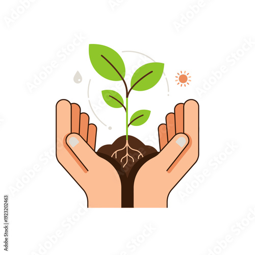 Hands protecting a young plant sprout growing from soil, sun and water drop icons.