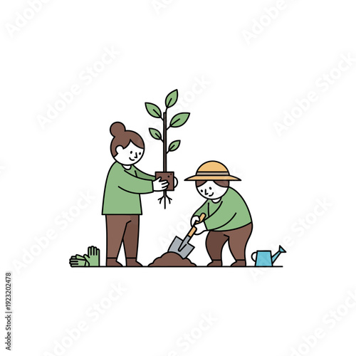 Two people planting a sapling in the ground, gardening illustration