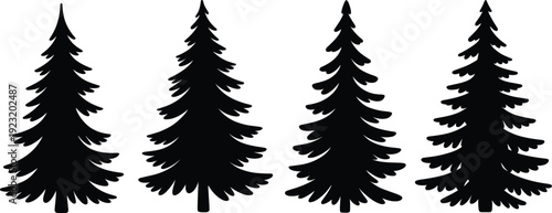 Cartoon pine tree silhouette set, evergreen conifer woodland trees isolated for forest landscape design natural outdoor black vector illustration
