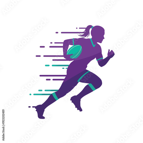Female rugby player running with ball in dynamic motion.