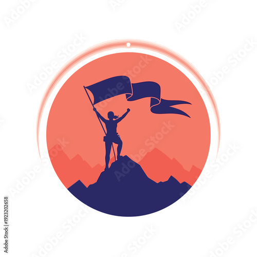 Person holding flag on mountain peak.