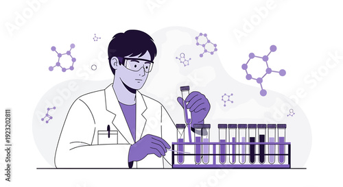 Scientist Conducting Medical Research in Laboratory with Test Tubes and Molecules