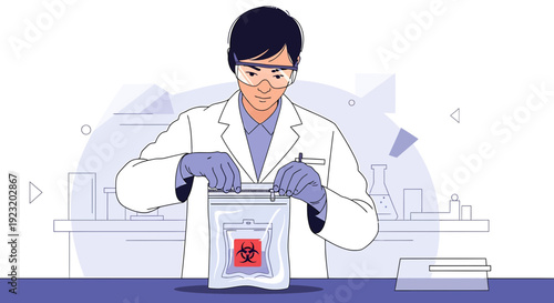 Scientist in Lab Coat Handles Biohazard Sample Bag for Medical Research