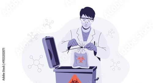 Scientist in Lab Coat Disposing of Medical Waste Safely in Biohazard Bin