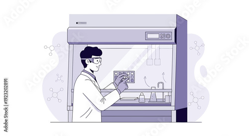 Scientist in Lab Coat Working in Fume Hood with Digital Interface - Medical Research
