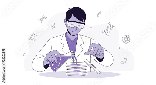 Scientist in Lab Coat Performing Experiment with Beakers and Petri Dishes