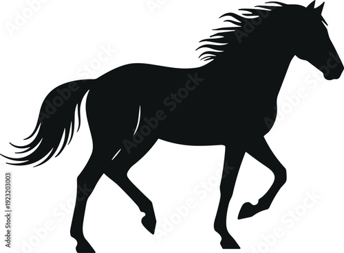 Black silhouette vector illustration of horse trotting with flowing mane and tail, dynamic rhythmic motion, graceful animal design