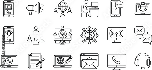 Global communication and digital connectivity icon set featuring smartphones laptops headsets world network and email messaging symbols