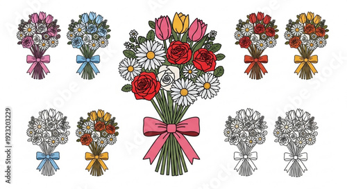 Colorful bouquet flowers with ribbons and assorted floral arrangements