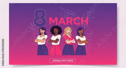 Four diverse women standing strong together on international women's day with a purple and pink background