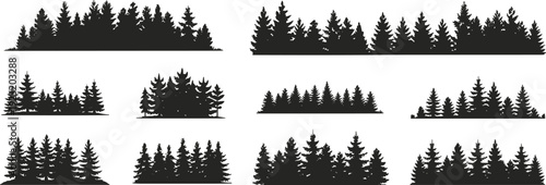 Forest tree silhouette borders bundle, pine woodland horizon lines for landscape backgrounds, natural outdoor black vector divider collection