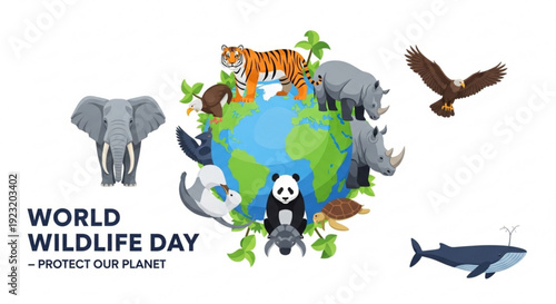 World wildlife day illustration with animals around earth
