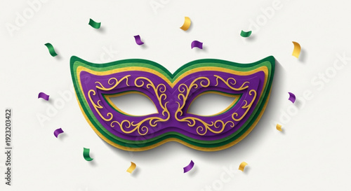 Vibrant purple mardi gras mask with green and gold accents confetti on white