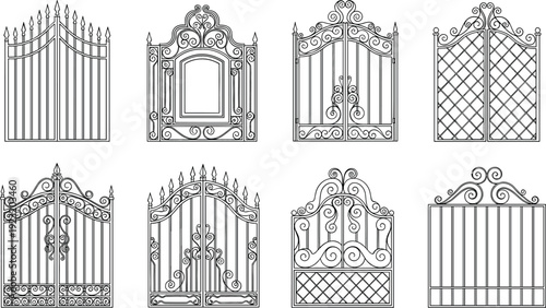 Ornate wrought iron gate vector set with decorative filigree swirls and classical architectural metal fence entrance designs for luxury estates