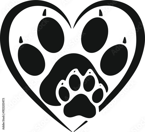 Heart outline with overlapping large and small paw prints vector illustration, pet love symbol design for care, family, companionship icon