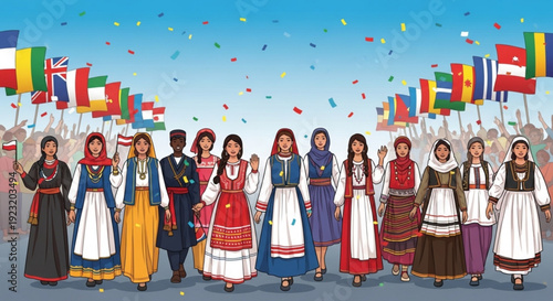 Diverse group of people in traditional clothing celebrating cultural unity with international flags